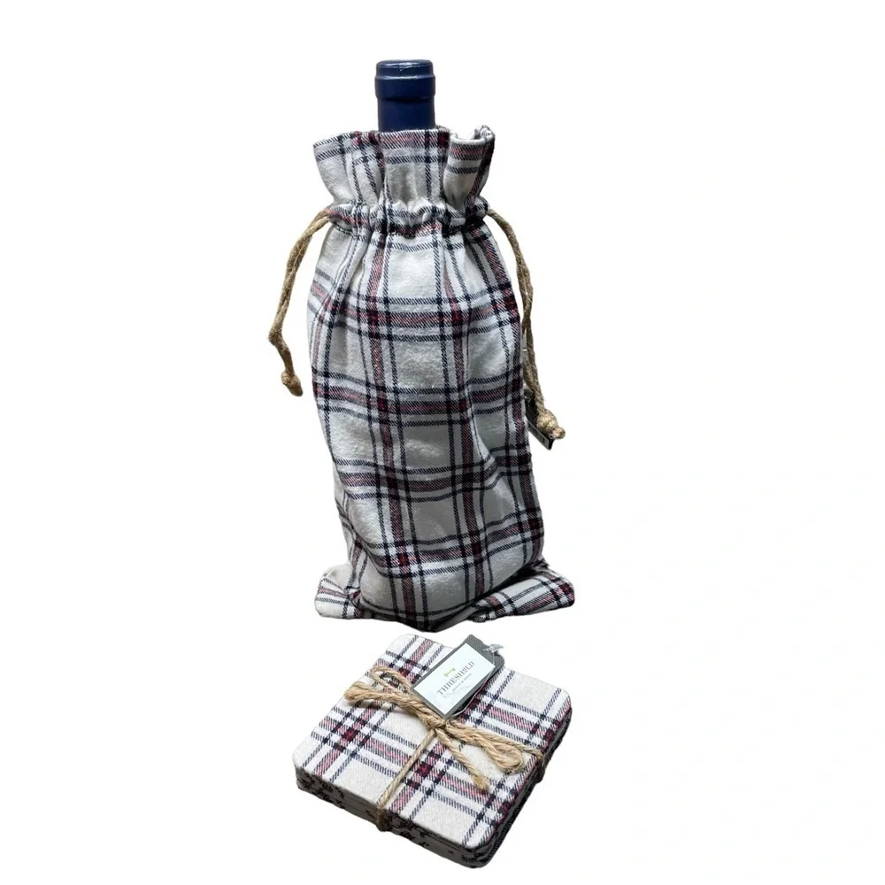 Threshold Plaid Holiday Christmas Fabric Drawstring Wine Bag and four Coasters
